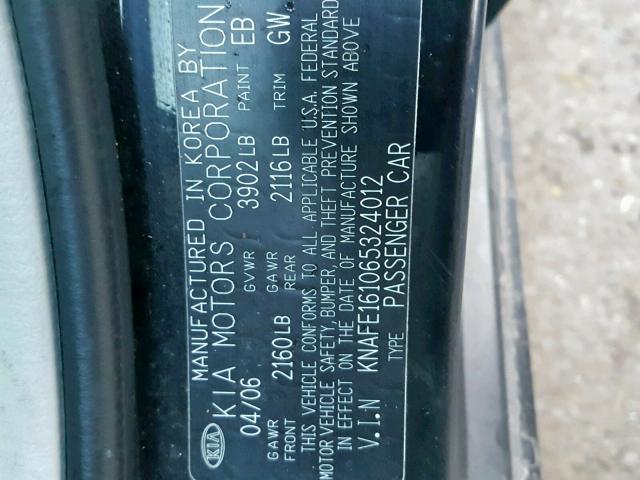 KNAFE161065324012 - 2006 KIA SPECTRA5 BLACK photo 10