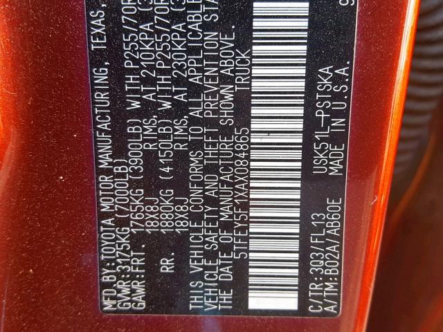 5TFEY5F1XAX084865 - 2010 TOYOTA TUNDRA CRE BURGUNDY photo 10