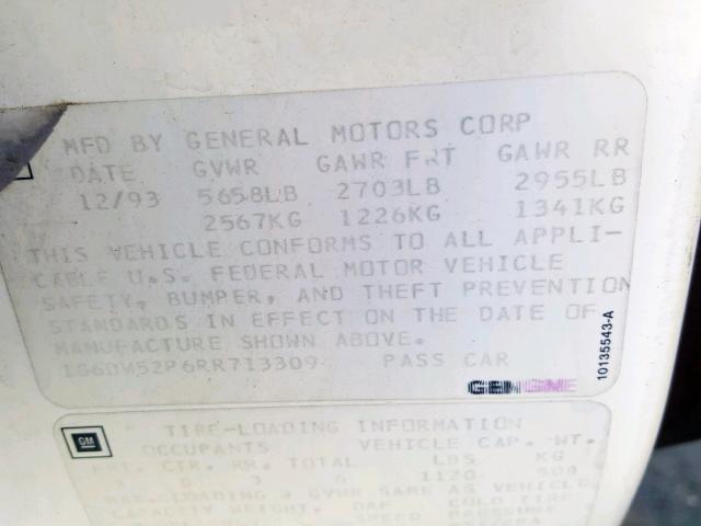 1G6DW52P6RR713309 - 1994 CADILLAC FLEETWOOD WHITE photo 10