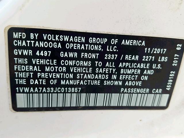 1VWAA7A33JC013857 - 2018 VOLKSWAGEN PASSAT S WHITE photo 10