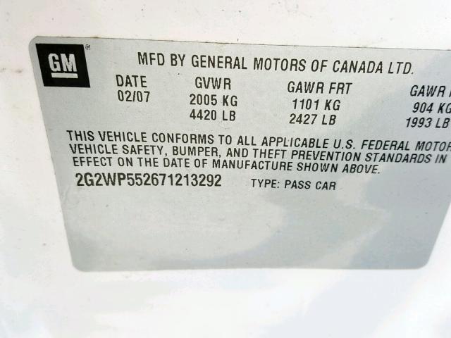 2G2WP552671213292 - 2007 PONTIAC GRAND PRIX თეთრი ფოტო 10