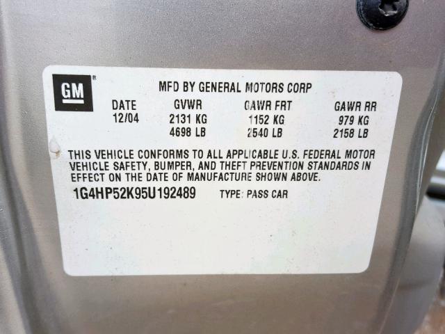 1G4HP52K95U192489 - 2005 BUICK LESABRE CU SILVER photo 10