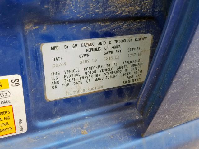 KL1TD56618B042601 - 2008 CHEVROLET AVEO BASE Mavi foto 10