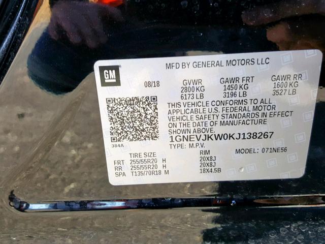 1GNEVJKW0KJ138267 - 2019 CHEVROLET TRAVERSE P BLACK photo 10