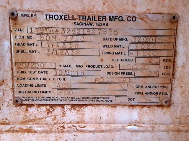 1T9TA4328G1867935 - 2016 TROX TANKER TLR WHITE photo 10