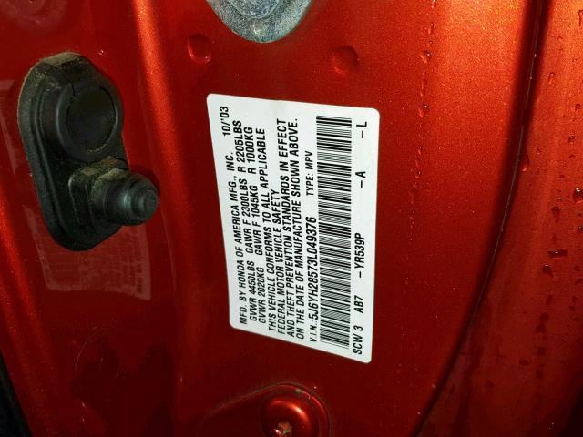 5J6YH28573L049376 - 2003 HONDA ELEMENT EX ORANGE photo 10