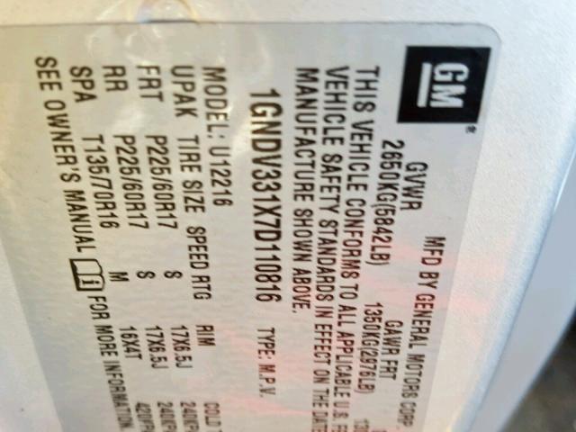 1GNDV331X7D110816 - 2007 CHEVROLET UPLANDER L Gümüş foto 10