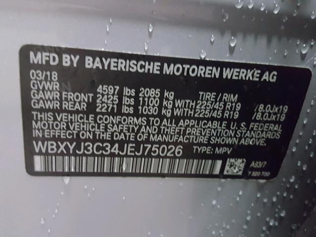 WBXYJ3C34JEJ75026 - 2018 BMW X2 SDRIVE2 SILVER photo 10