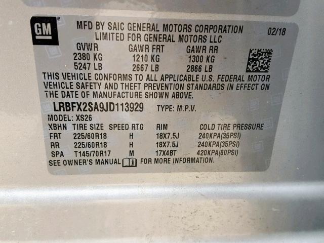 LRBFX2SA9JD113929 - 2018 BUICK ENVISION E SILVER photo 10