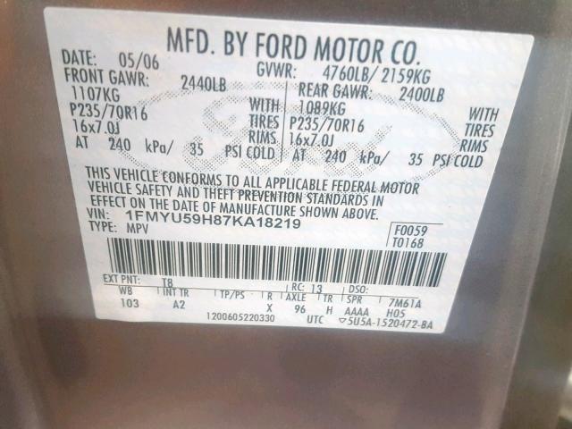 1FMYU59H87KA18219 - 2007 FORD ESCAPE HEV GRAY photo 10