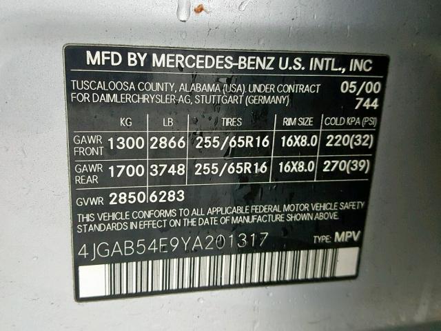 4JGAB54E9YA201317 - 2000 MERCEDES-BENZ ML 320 SILVER photo 10