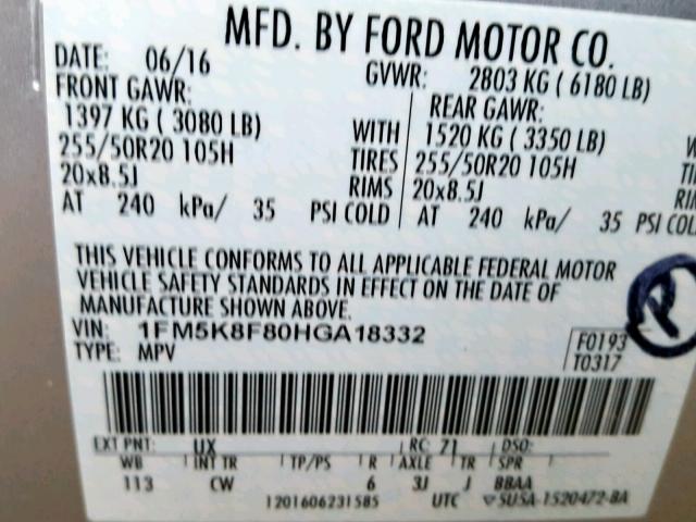 1FM5K8F80HGA18332 - 2017 FORD EXPLORER L SILVER photo 10