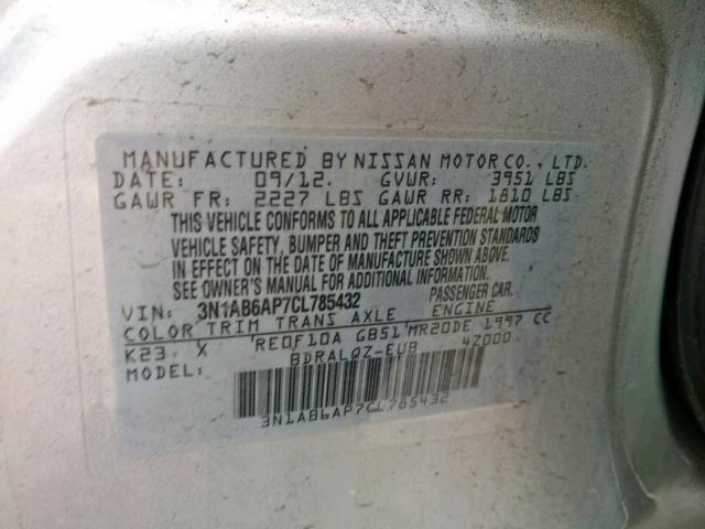 3N1AB6AP7CL785432 - 2012 NISSAN SENTRA 2.0 SILVER photo 10