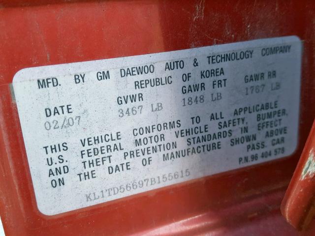 KL1TD56697B155615 - 2007 CHEVROLET AVEO BASE Бордовый фото 10