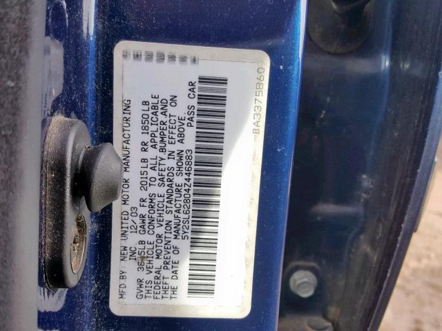 5Y2SL62804Z446883 - 2004 PONTIAC VIBE BLUE photo 10