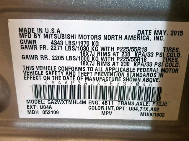 4A4AP3AUXFE037046 - 2015 MITSUBISHI OUTLANDER SILVER photo 10