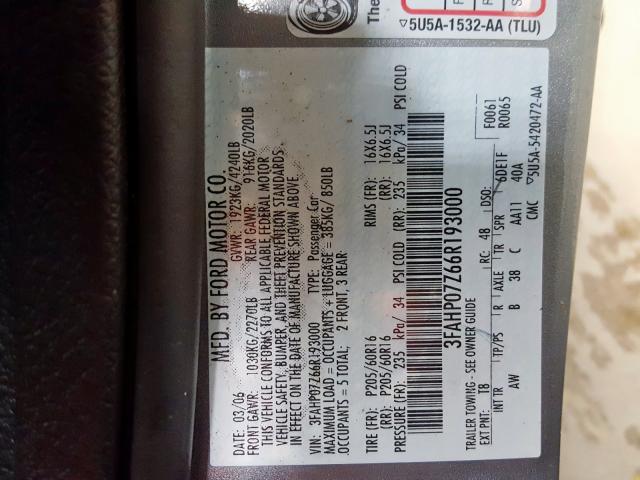 3FAHP07Z66R193000 - 2006 FORD FUSION SE GRAY photo 10