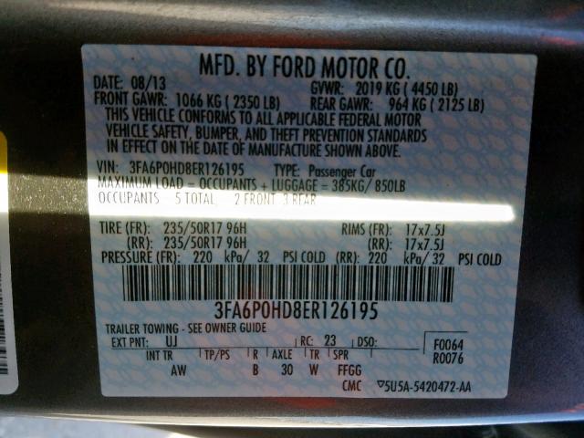 3FA6P0HD8ER126195 - 2014 FORD FUSION SE GRAY photo 10