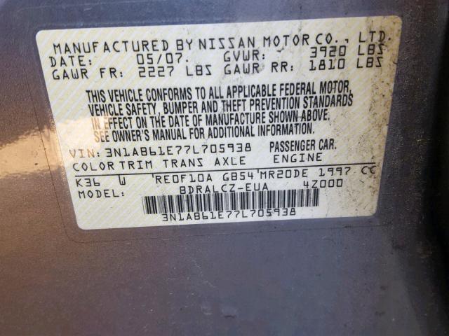 3N1AB61E77L705938 - 2007 NISSAN SENTRA 2.0 SILVER photo 10