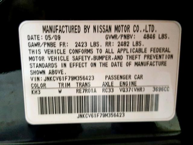 JNKCV61F79M356423 - 2009 INFINITI G37 BLACK photo 10