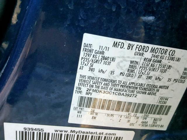 2FMDK3GC1CBA39272 - 2012 FORD EDGE SE BLUE photo 10