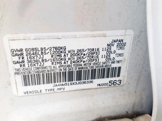 JA4NW51SX3J036336 - 2003 MITSUBISHI MONTERO LI WHITE photo 10