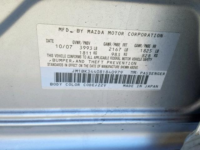 JM1BK344081840979 - 2008 MAZDA 3 HATCHBAC SILVER photo 10