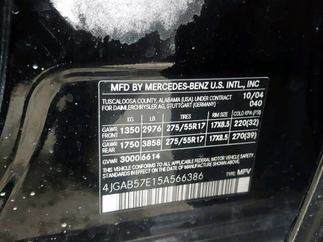 4JGAB57E15A566386 - 2005 MERCEDES-BENZ ML 350 BLACK photo 10