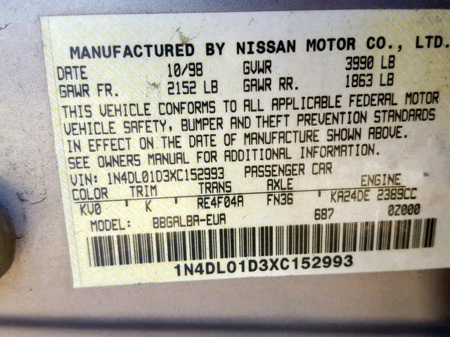 1N4DL01D3XC152993 - 1999 NISSAN ALTIMA XE SILVER photo 10