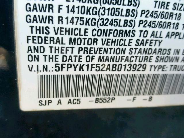 5FPYK1F52AB013929 - 2010 HONDA RIDGELINE BLUE photo 10