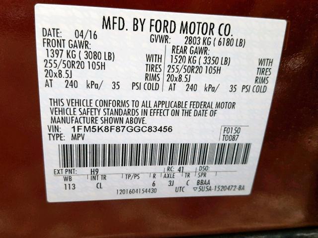 1FM5K8F87GGC83456 - 2016 FORD EXPLORER L MAROON photo 10