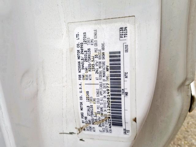 4N2ZN1112WD814977 - 1998 NISSAN QUEST XE WHITE photo 10