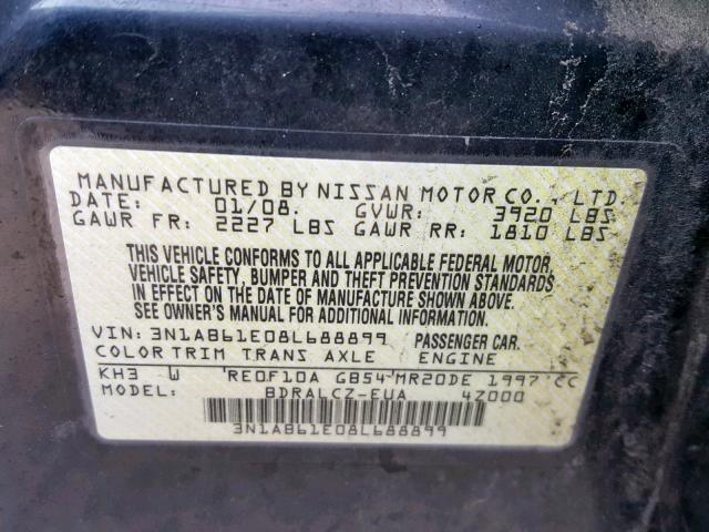 3N1AB61E08L688899 - 2008 NISSAN SENTRA 2.0 BLACK photo 10