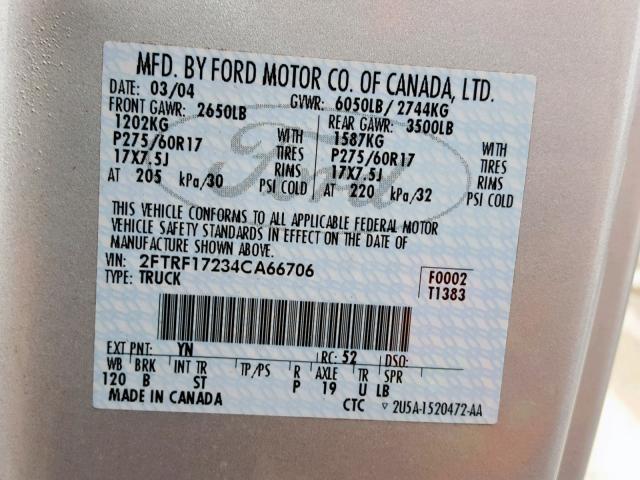 2FTRF17234CA66706 - 2004 FORD F-150 HERI SILVER photo 10