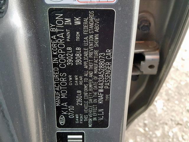 KNAFW4A33A5288073 - 2010 KIA FORTE SX GRAY photo 10