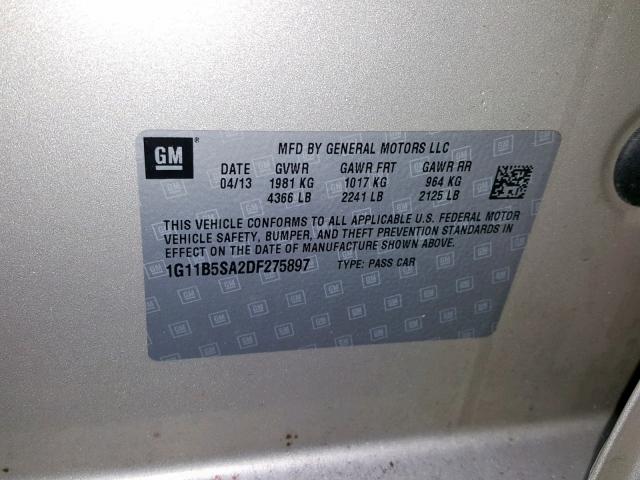 1G11B5SA2DF275897 - 2013 CHEVROLET MALIBU LS GOLD photo 10