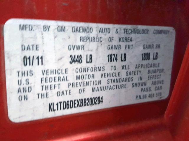 KL1TD6DEXBB200294 - 2011 CHEVROLET AVEO LS RED photo 10