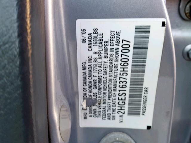 2HGES16375H607007 - 2005 HONDA CIVIC DX V SILVER photo 10