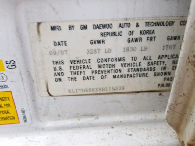 KL1TD666X8B115339 - 2008 CHEVROLET AVEO BASE 白色 照片 10