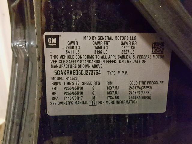 5GAKRAED6CJ373754 - 2012 BUICK ENCLAVE BLACK photo 10