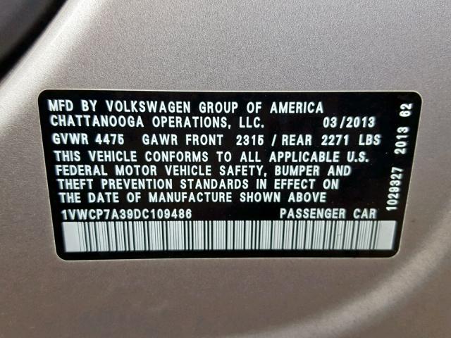 1VWCP7A39DC109486 - 2013 VOLKSWAGEN PASSAT SEL SILVER photo 10