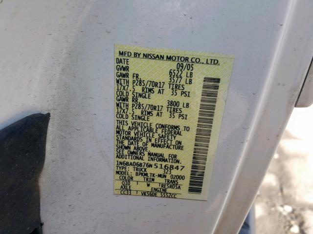 1N6BA06B76N516847 - 2006 NISSAN TITAN XE WHITE photo 10