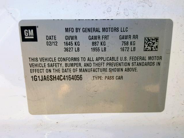 1G1JA6SH4C4164056 - 2012 CHEVROLET SONIC LS WHITE photo 10