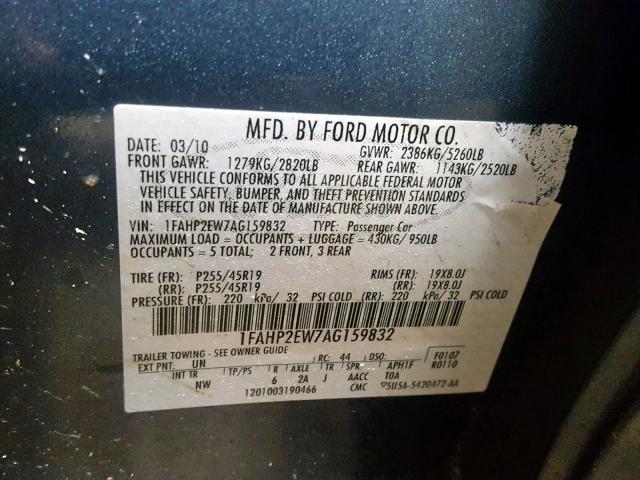 1FAHP2EW7AG159832 - 2010 FORD TAURUS SEL BLUE photo 10