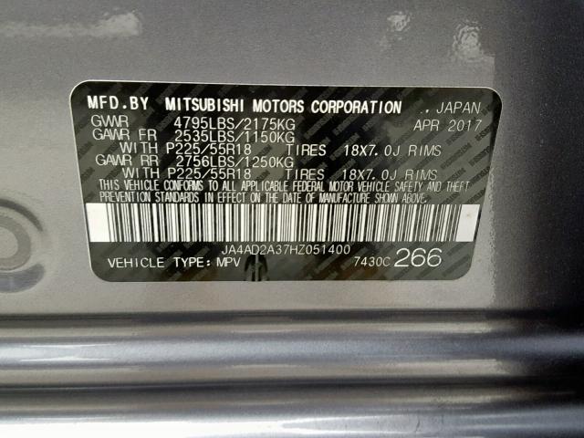 JA4AD2A37HZ051400 - 2017 MITSUBISHI OUTLANDER GRAY photo 10