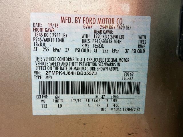 2FMPK4J84HBB35573 - 2017 FORD EDGE SEL GOLD photo 10