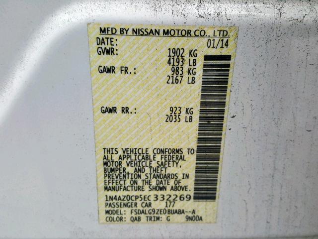 1N4AZ0CP5EC332269 - 2014 NISSAN LEAF S WHITE photo 10