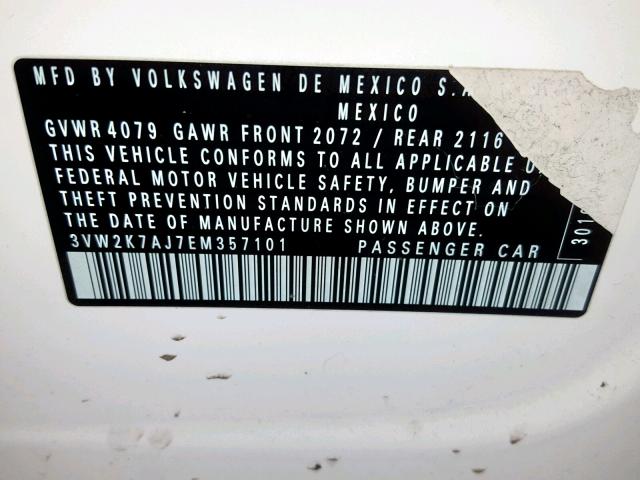 3VW2K7AJ7EM357101 - 2014 VOLKSWAGEN JETTA BASE WHITE photo 10