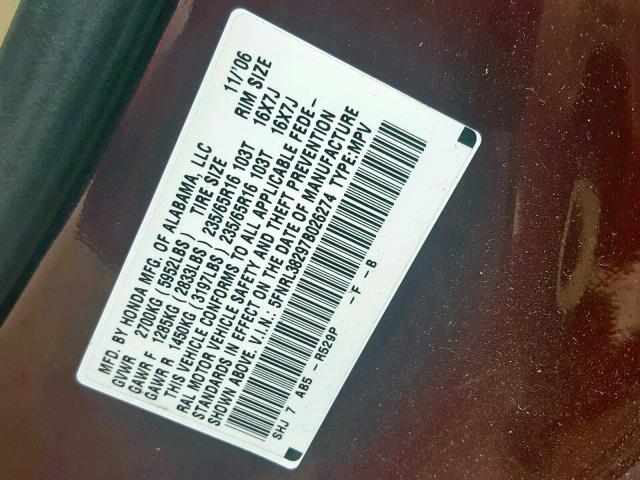 5FNRL38297B026274 - 2007 HONDA ODYSSEY LX MAROON photo 10