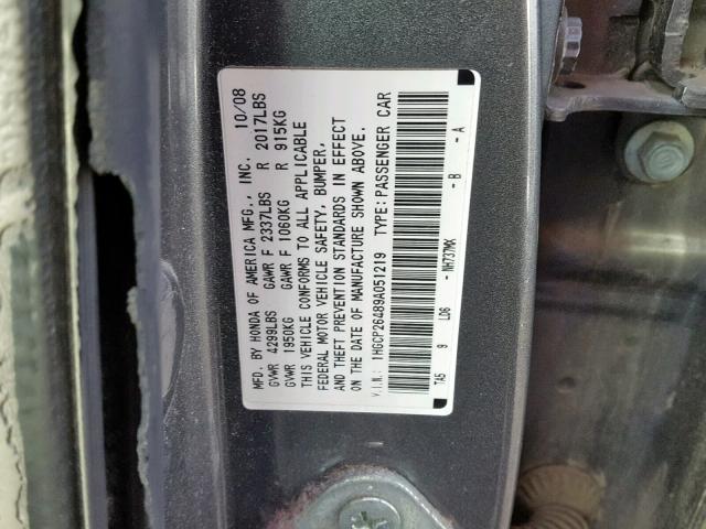 1HGCP26489A051219 - 2009 HONDA ACCORD LXP GRAY photo 10